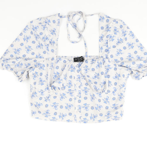In the Style Womens Blue Floral Polyester Basic Blouse Size 14 Square Neck - Rouched Button Detail