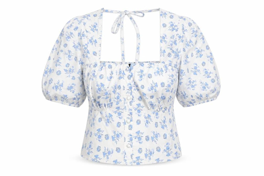 Front view of In the Style women’s blue floral polyester basic blouse, size UK 14, square neck - rouched button detail