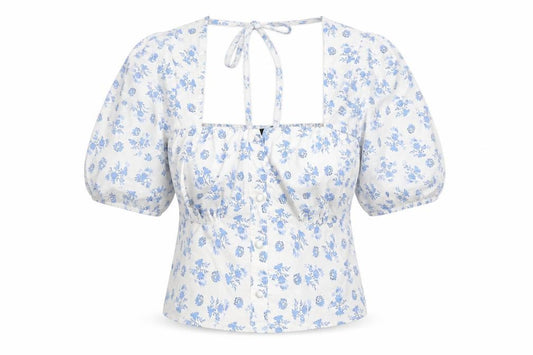Front view of In the Style women’s blue floral polyester basic blouse, size UK 14, square neck - rouched button detail