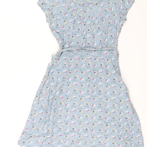 Lily & Me Womens Blue Geometric Linen A-Line Size 8 Round Neck Zip - Belted Floral Print