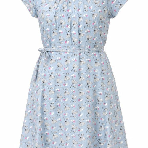 Lily & Me Womens Blue Geometric Linen A-Line Size 8 Round Neck Zip - Belted Floral Print