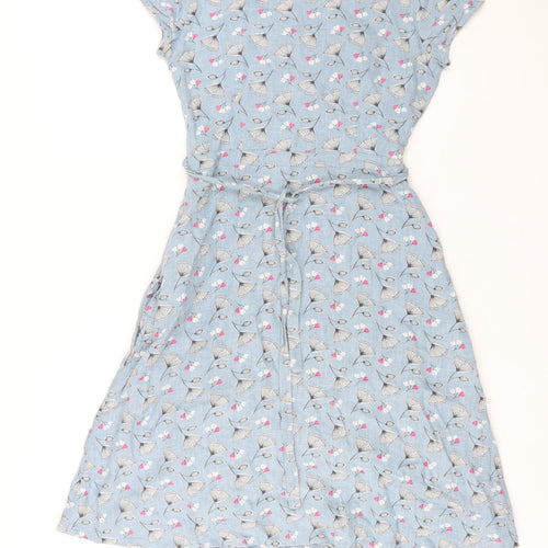 Lily & Me Womens Blue Geometric Linen A-Line Size 8 Round Neck Zip - Belted Floral Print