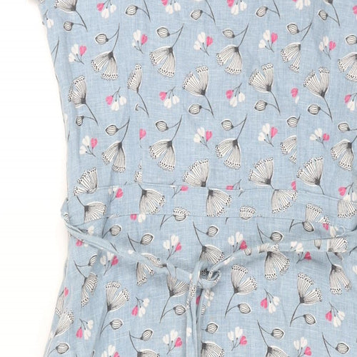 Lily & Me Womens Blue Geometric Linen A-Line Size 8 Round Neck Zip - Belted Floral Print