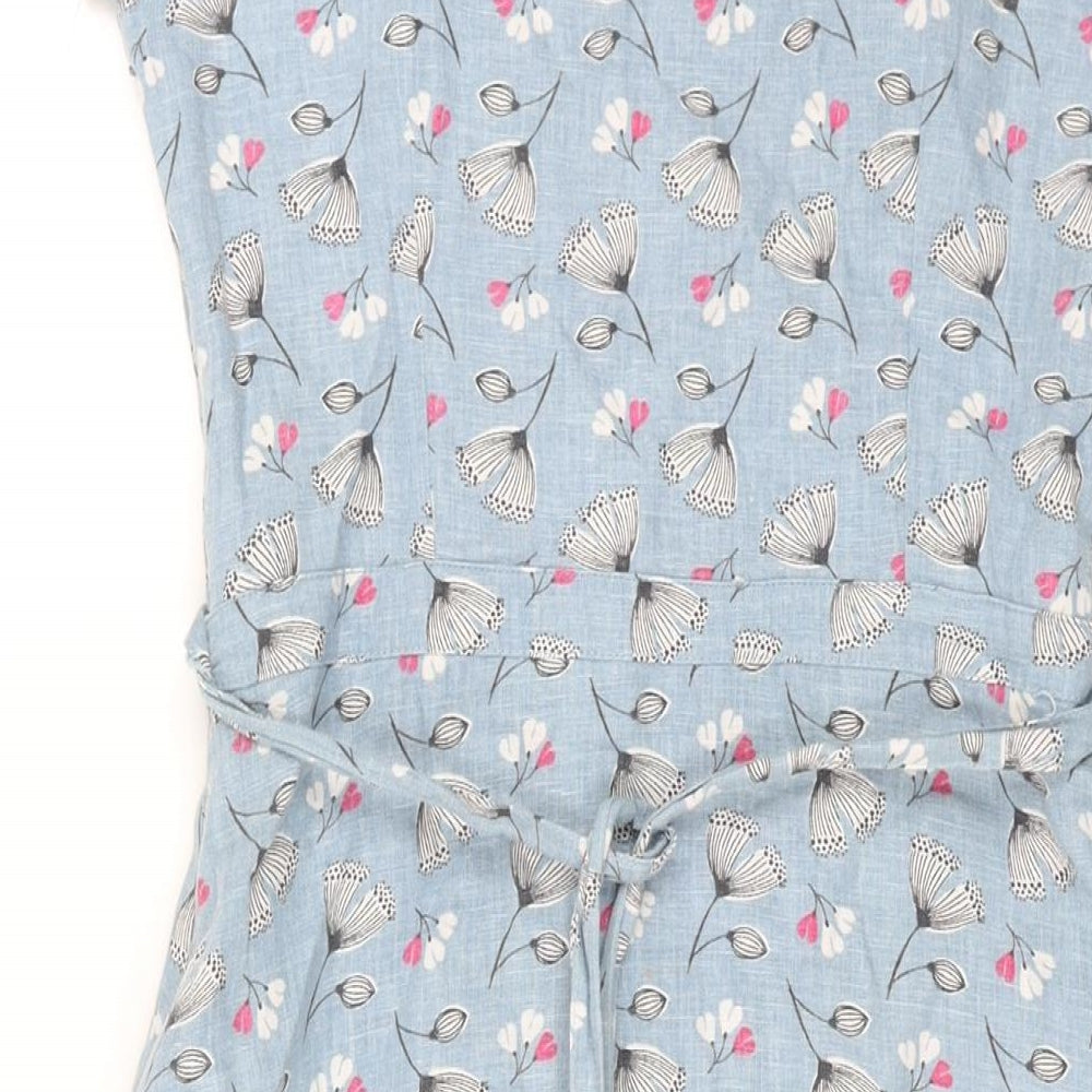 Lily & Me Womens Blue Geometric Linen A-Line Size 8 Round Neck Zip - Belted Floral Print