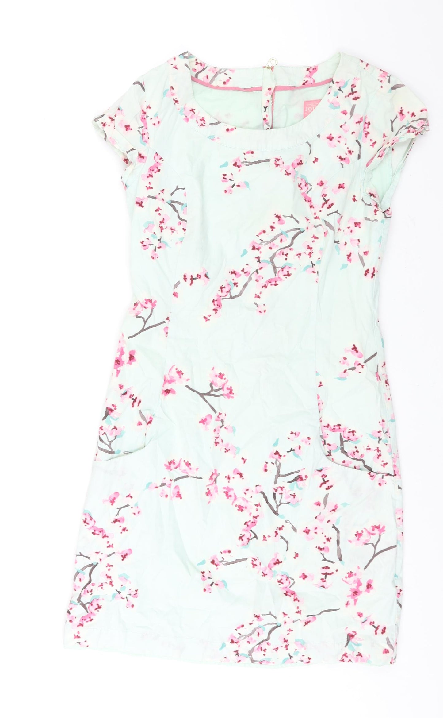 Joules Womens Blue Floral Cotton Shift Size 8 Round Neck Zip
