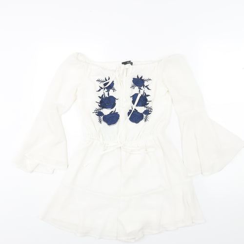 Quiz Womens White Polyester Playsuit One-Piece Size 6 Tie - Floral Embroidery Drawstring Waist