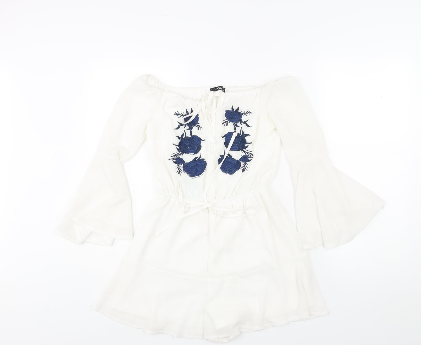 Quiz Womens White Polyester Playsuit One-Piece Size 6 Tie - Floral Embroidery Drawstring Waist