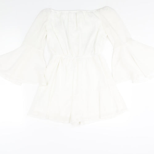Quiz Womens White Polyester Playsuit One-Piece Size 6 Tie - Floral Embroidery Drawstring Waist
