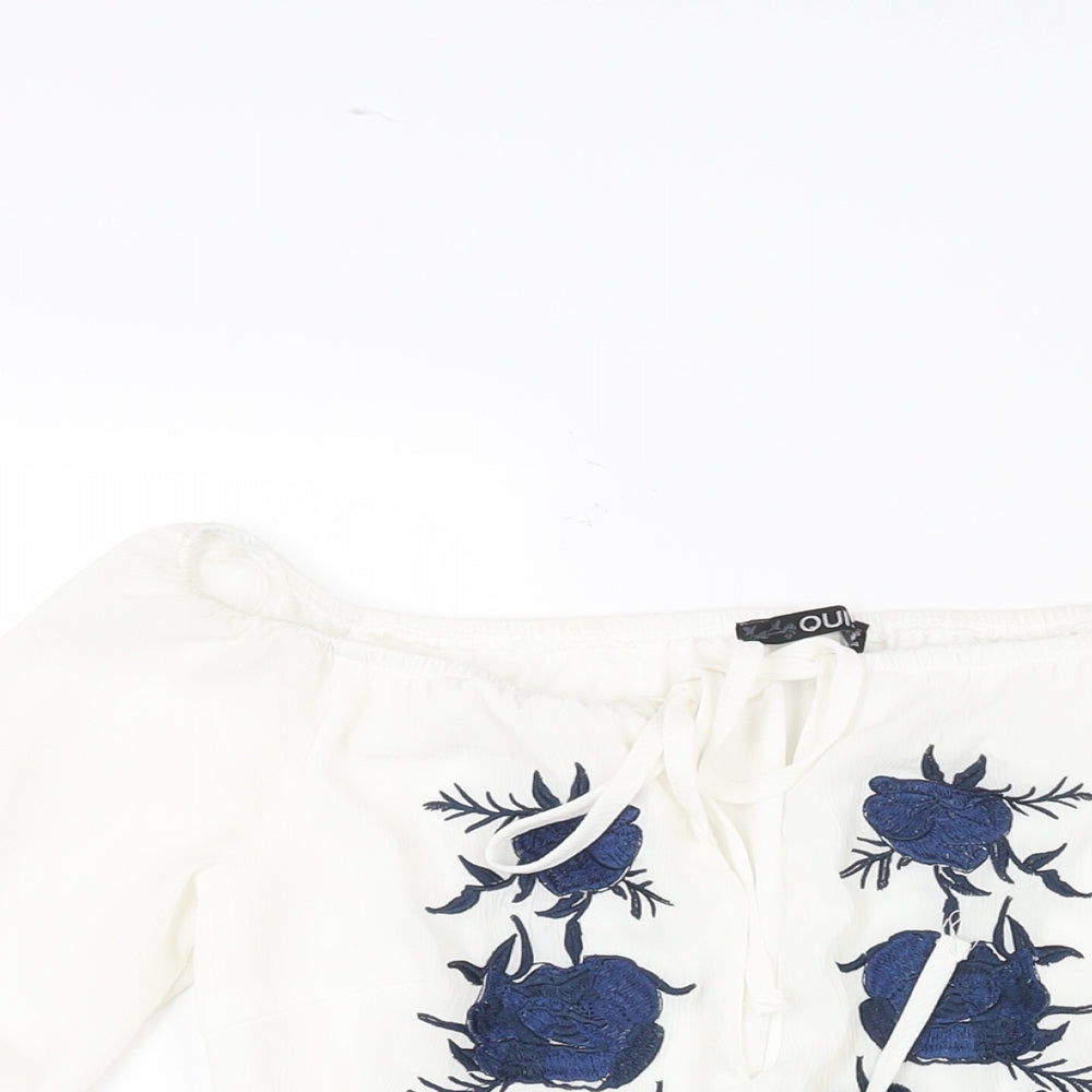 Quiz Womens White Polyester Playsuit One-Piece Size 6 Tie - Floral Embroidery Drawstring Waist