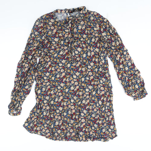Zara Womens Multicoloured Floral Polyester Mini Size M Round Neck Button - Tie Detail