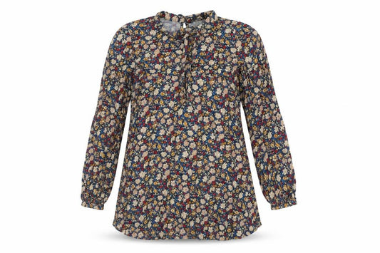 Front view of Zara women’s multicoloured floral polyester mini, size M, round neck button - tie detail