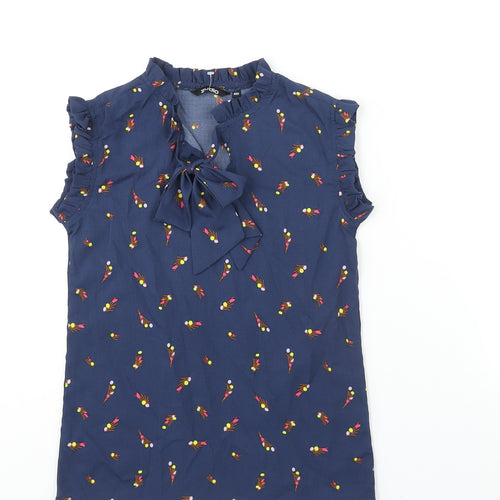 Zudio Womens Blue Geometric Polyester Basic Blouse Size 2XS Mock Neck - Bow Frill