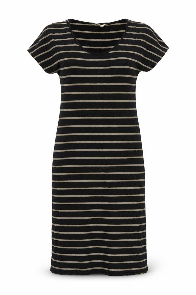 Front view of Monsoon women’s black striped viscose shift, size UK 10, round neck pullover