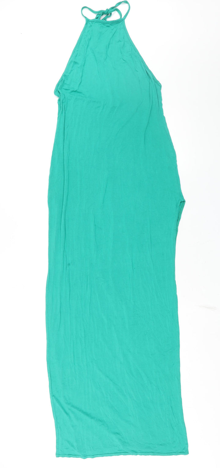 PRETTYLITTLETHING Womens Green Viscose Maxi Size 14 Halter Tie - Backless