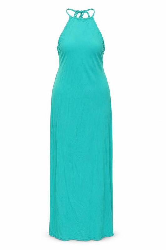 Front view of PRETTYLITTLETHING women’s green viscose maxi, size UK 14, halter tie - backless