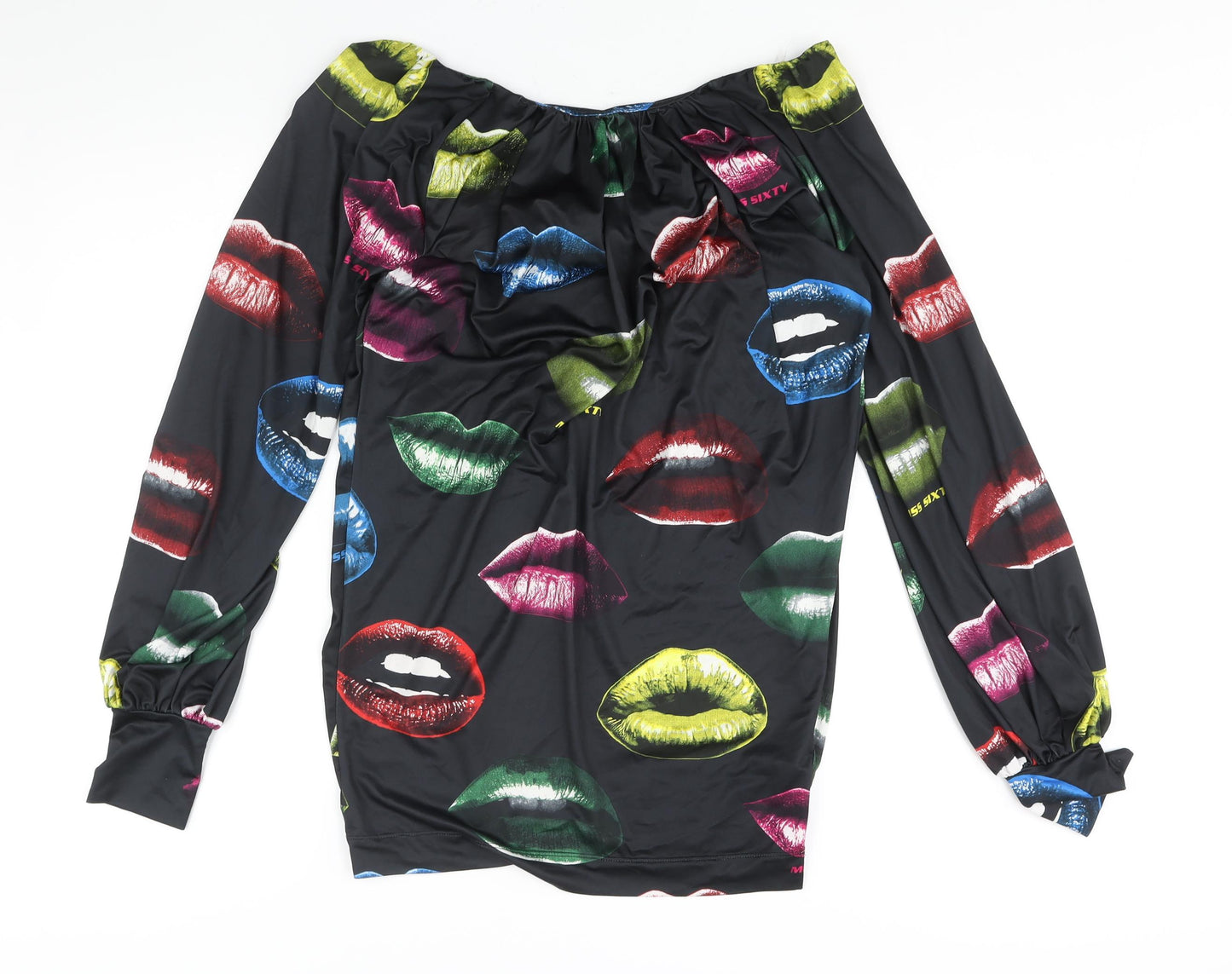 Miss Sixty Womens Black Geometric Polyester Mini Size S Off the Shoulder Pullover - Lips Print Logo