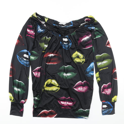 Miss Sixty Womens Black Geometric Polyester Mini Size S Off the Shoulder Pullover - Lips Print Logo