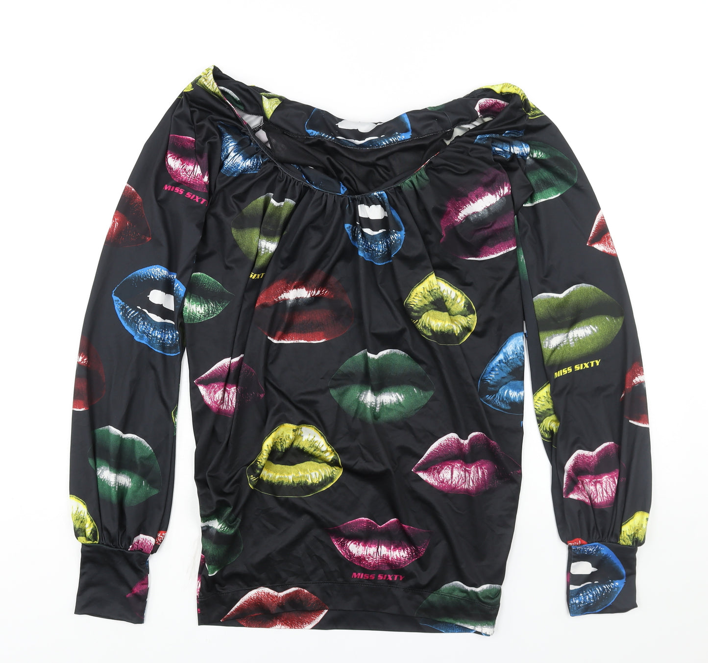 Miss Sixty Womens Black Geometric Polyester Mini Size S Off the Shoulder Pullover - Lips Print Logo