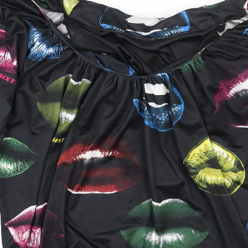 Miss Sixty Womens Black Geometric Polyester Mini Size S Off the Shoulder Pullover - Lips Print Logo