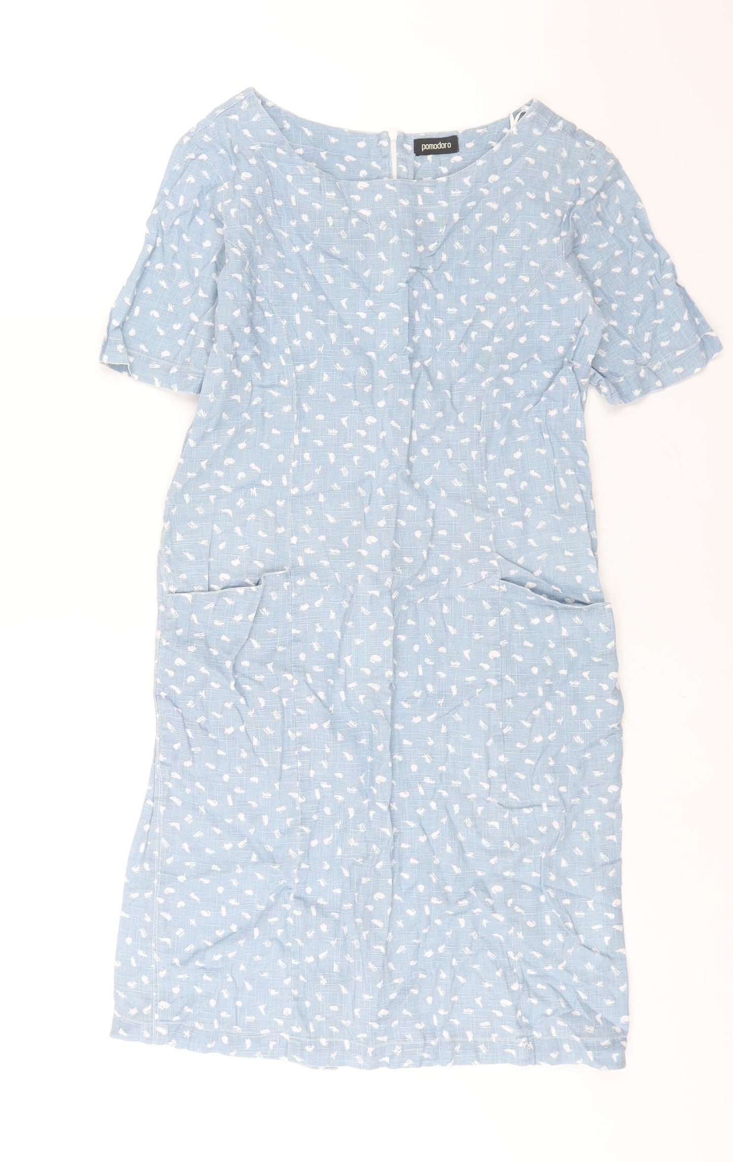 Pomodoro Womens Blue Geometric Cotton Shift Size 10 Round Neck Zip