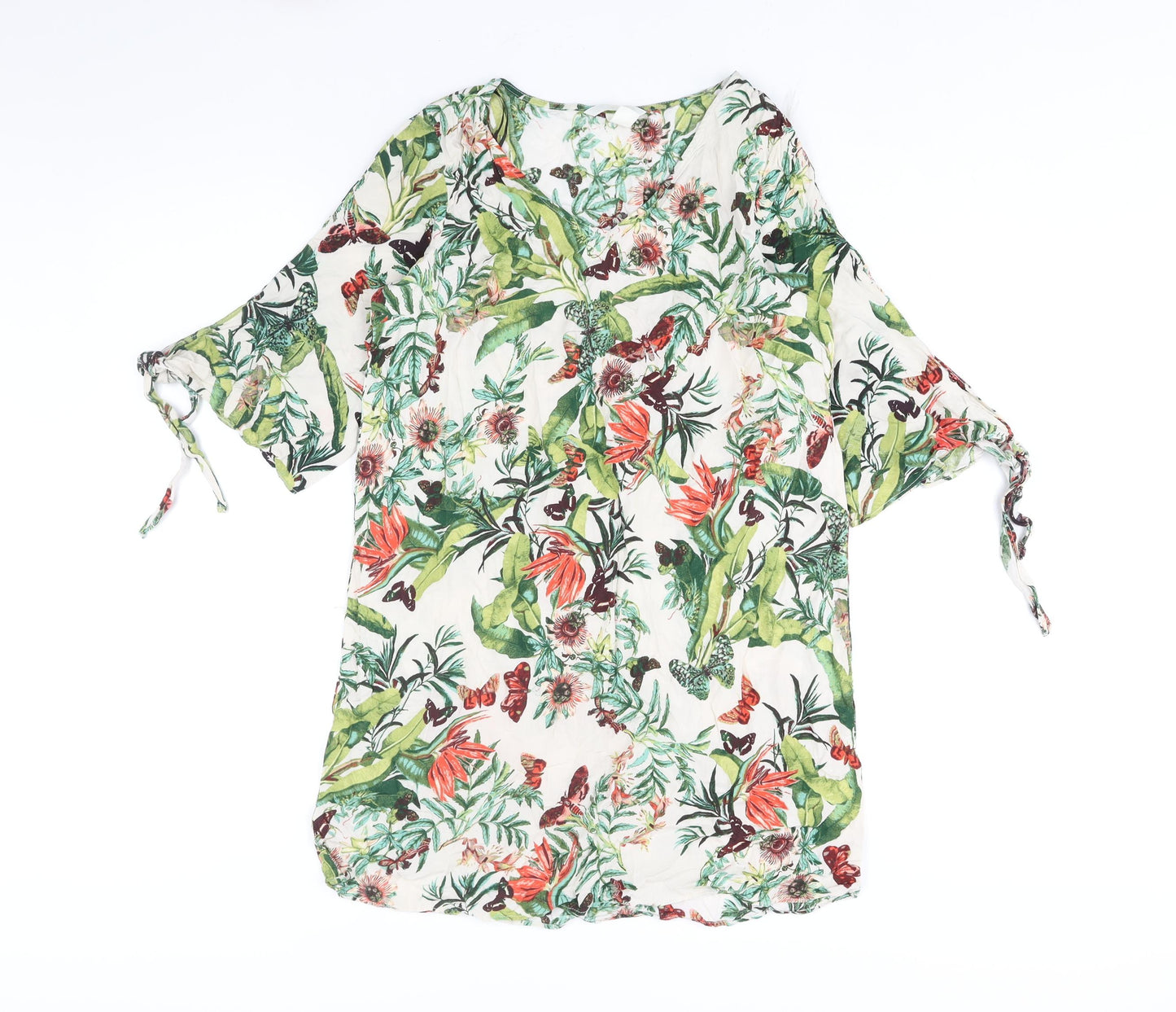 H&M Womens Multicoloured Floral Viscose Mini Size 12 V-Neck Pullover - Tie Detail