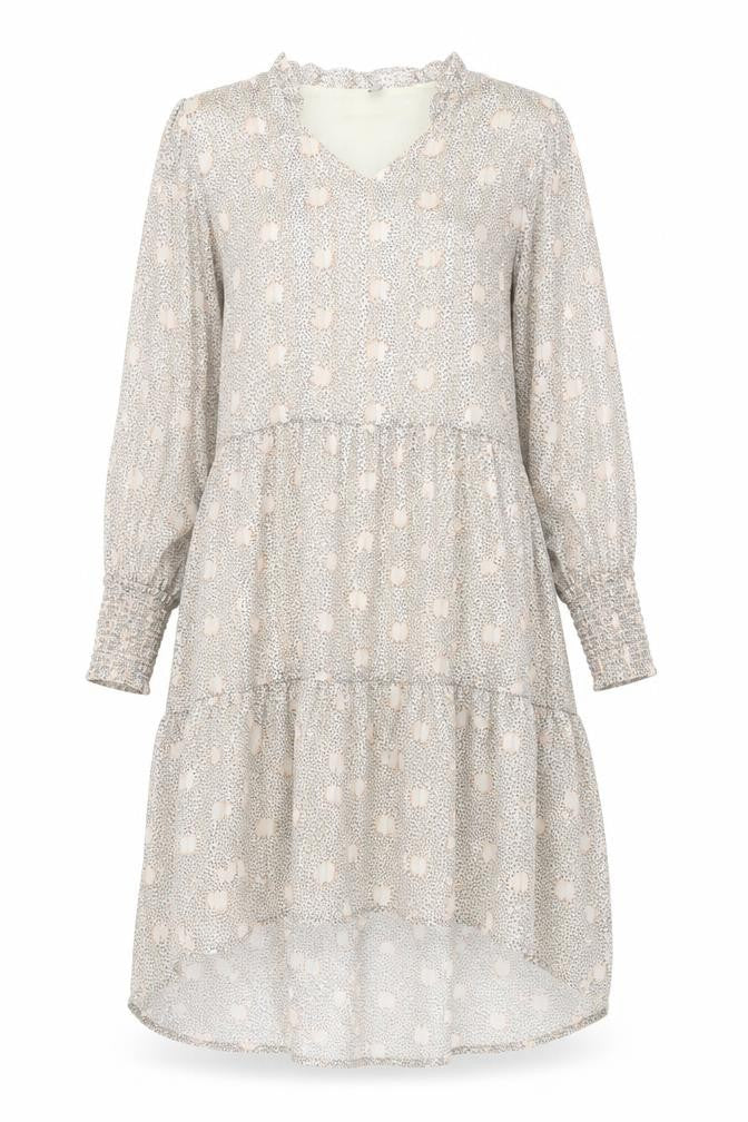 Front view of CULTURE women’s beige geometric polyester shift, size M, v-neck pullover