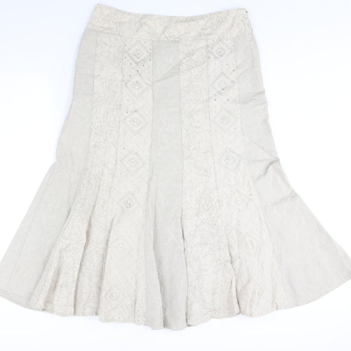 Per Una Womens Beige Geometric Cotton Trumpet Skirt Size 14 Zip - Embroidered Detail