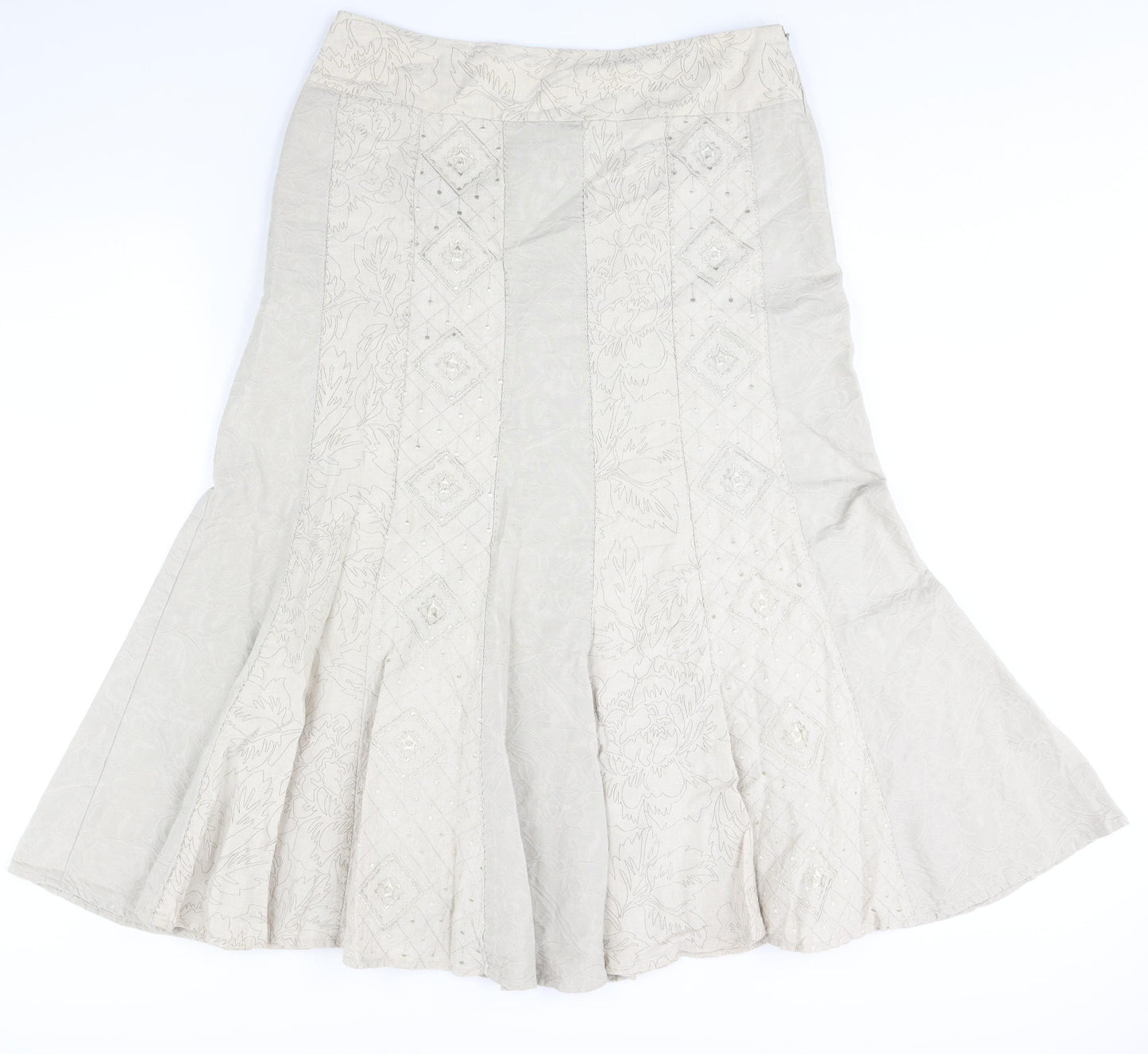 Per Una Womens Beige Geometric Cotton Trumpet Skirt Size 14 Zip - Embroidered Detail
