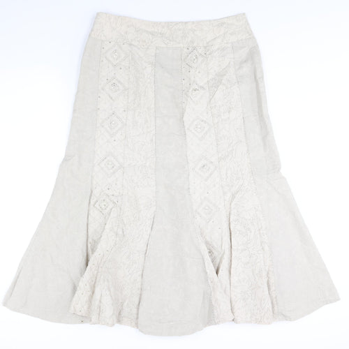 Per Una Womens Beige Geometric Cotton Trumpet Skirt Size 14 Zip - Embroidered Detail