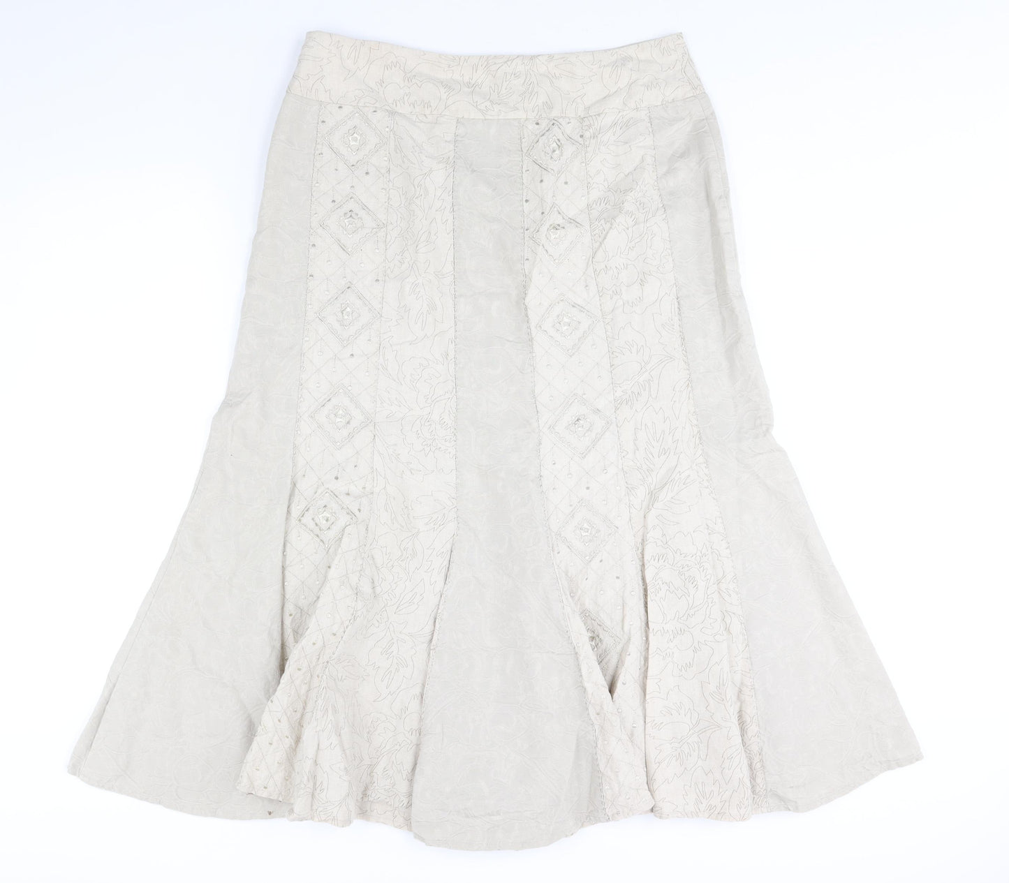 Per Una Womens Beige Geometric Cotton Trumpet Skirt Size 14 Zip - Embroidered Detail