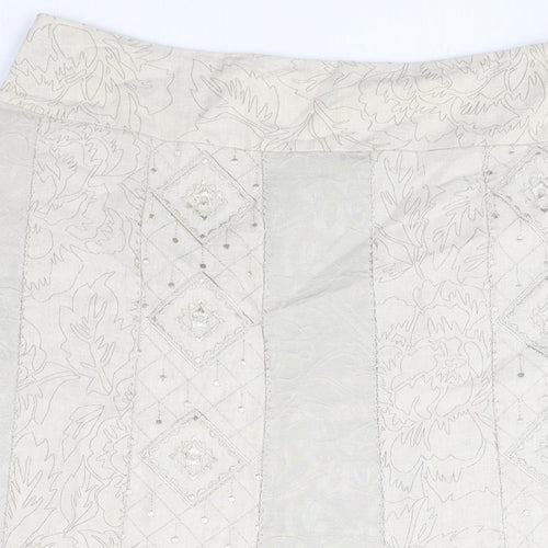 Per Una Womens Beige Geometric Cotton Trumpet Skirt Size 14 Zip - Embroidered Detail