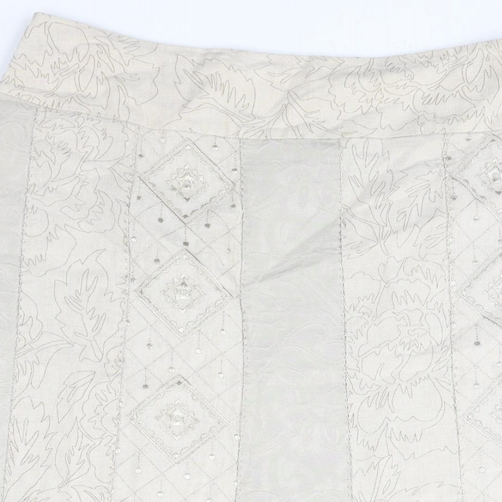 Per Una Womens Beige Geometric Cotton Trumpet Skirt Size 14 Zip - Embroidered Detail