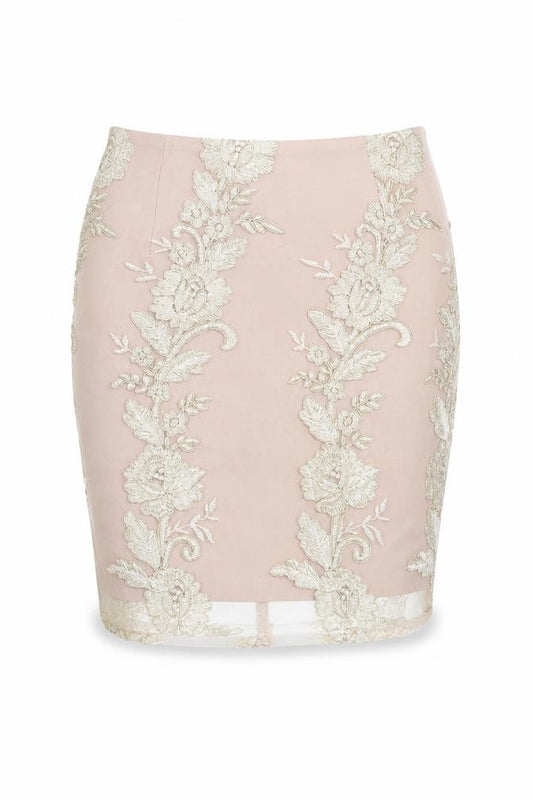 Front view of Love & Other Things women’s pink floral polyester bandage skirt, size UK 8, zip - embroidered