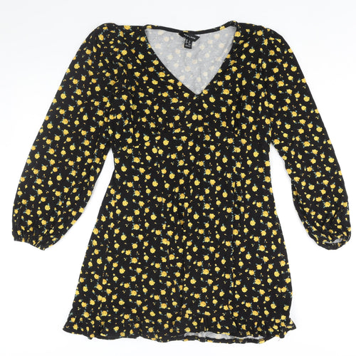 New Look Womens Black Floral Viscose A-Line Size 12 V-Neck Pullover - Fril
