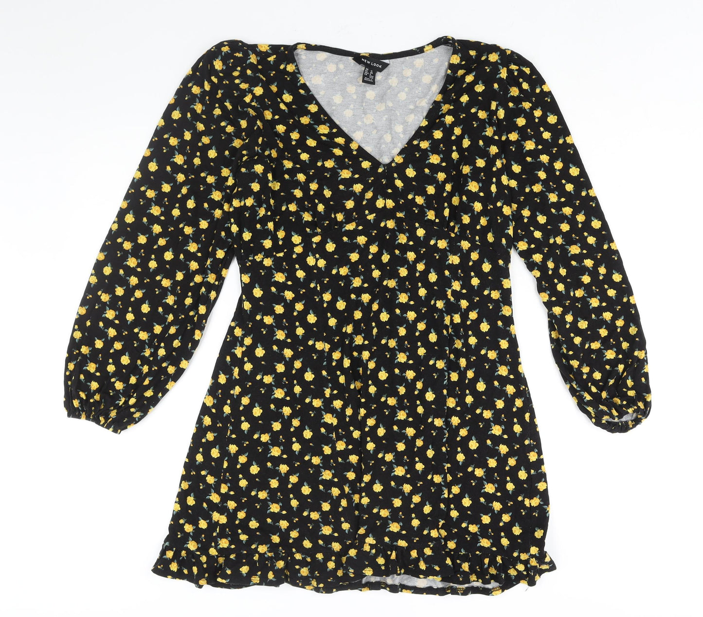 New Look Womens Black Floral Viscose A-Line Size 12 V-Neck Pullover - Fril