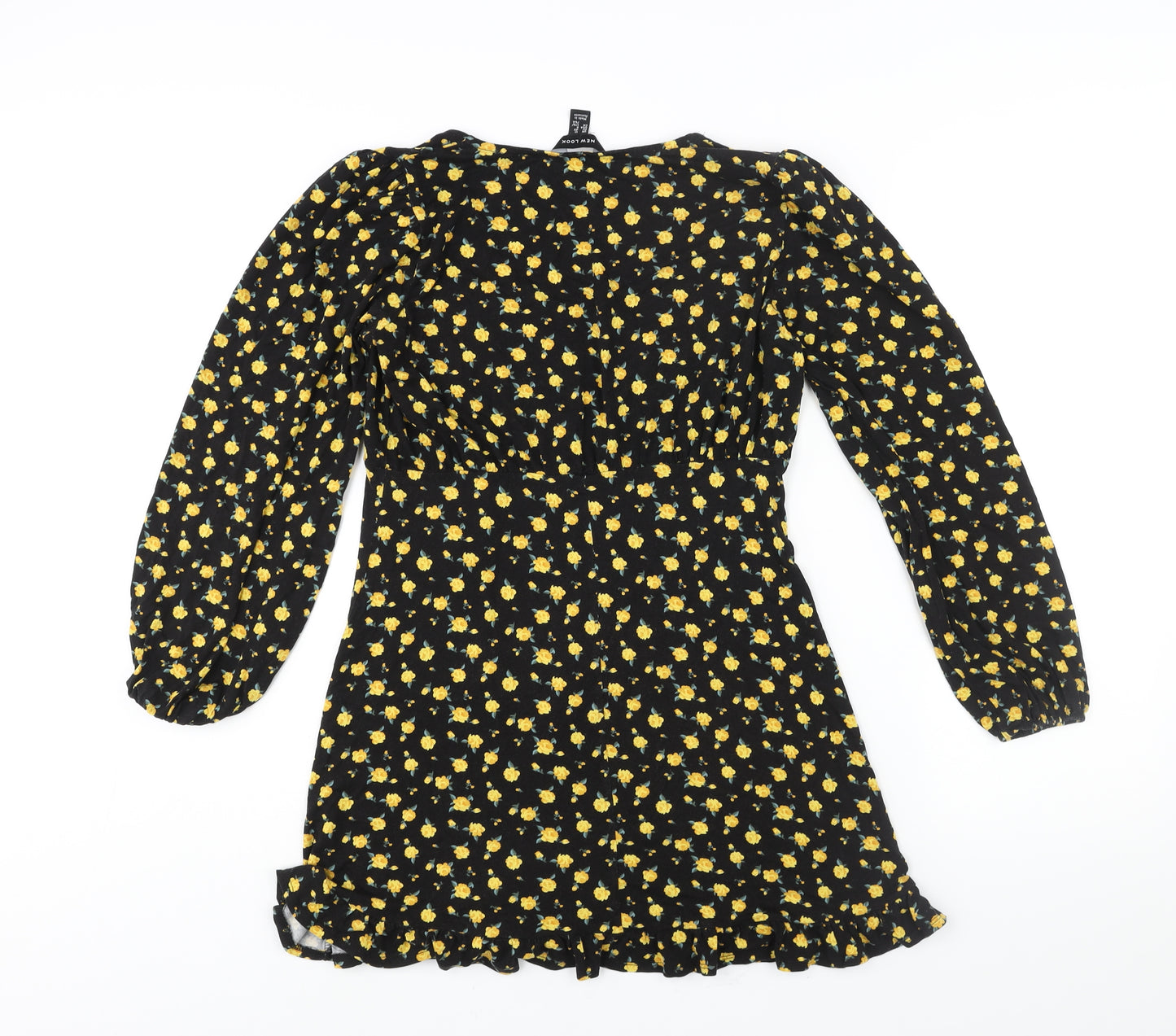 New Look Womens Black Floral Viscose A-Line Size 12 V-Neck Pullover - Fril