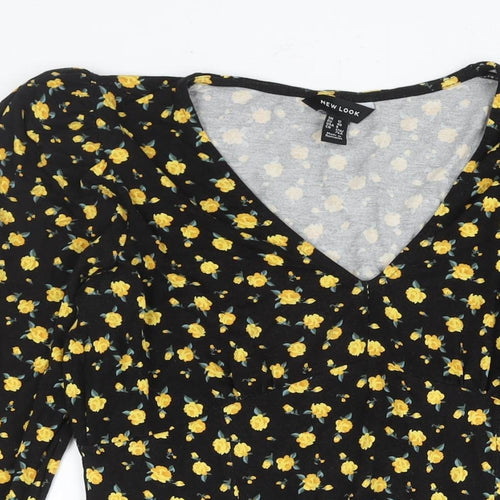 New Look Womens Black Floral Viscose A-Line Size 12 V-Neck Pullover - Fril