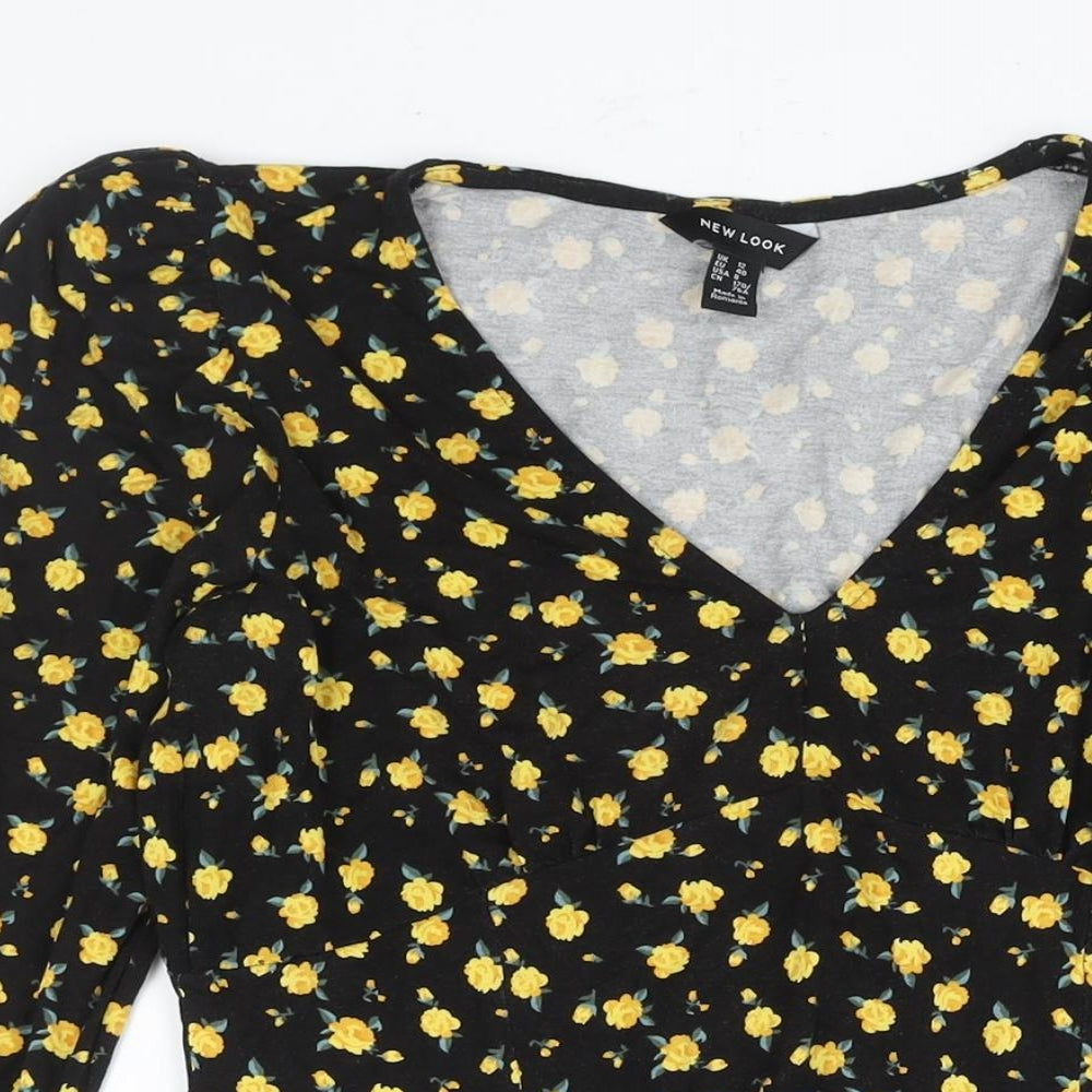 New Look Womens Black Floral Viscose A-Line Size 12 V-Neck Pullover - Fril