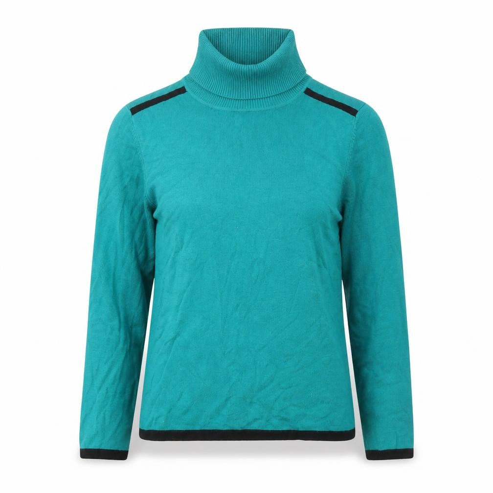 Front view of Precis women’s green roll neck viscose jumper, size S