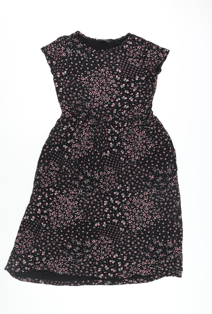 Roman Womens Black Floral Viscose A-Line Size 12 Round Neck Pullover