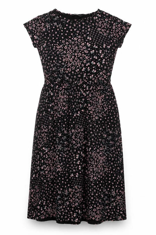 Front view of Roman women’s black floral viscose a-line, size UK 12, round neck pullover