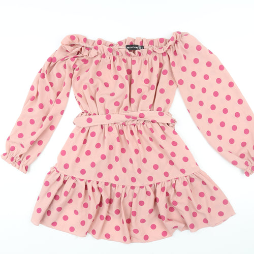 PRETTYLITTLETHING Womens Pink Polka Dot Polyester A-Line Size 12 Off the Shoulder Pullover - Frill Belted