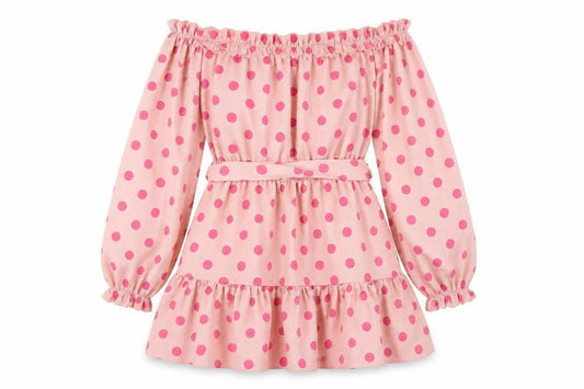 Front view of PRETTYLITTLETHING women’s pink polka dot polyester a-line, size UK 12, off the shoulder pullover - frill belted