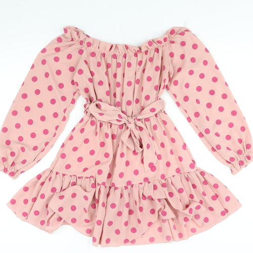 PRETTYLITTLETHING Womens Pink Polka Dot Polyester A-Line Size 12 Off the Shoulder Pullover - Frill Belted
