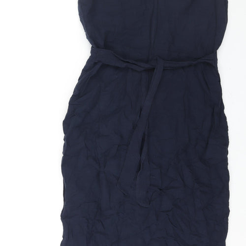 NEXT Womens Blue Linen Pencil Dress Size 12 Boat Neck Zip - Belted