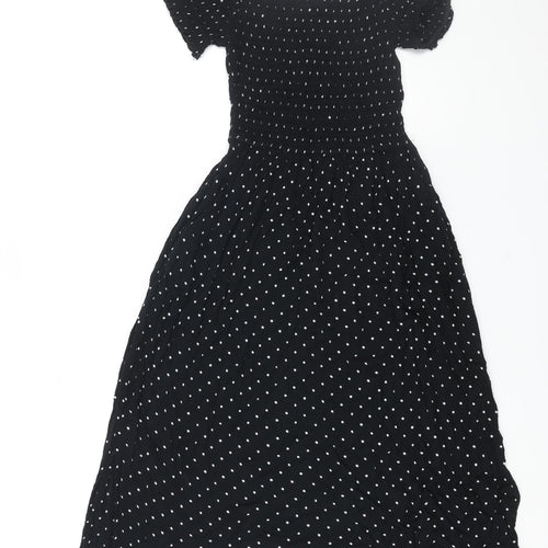 NEXT Womens Black Polka Dot Viscose Fit & Flare Size 8 Off the Shoulder Pullover - Rouched