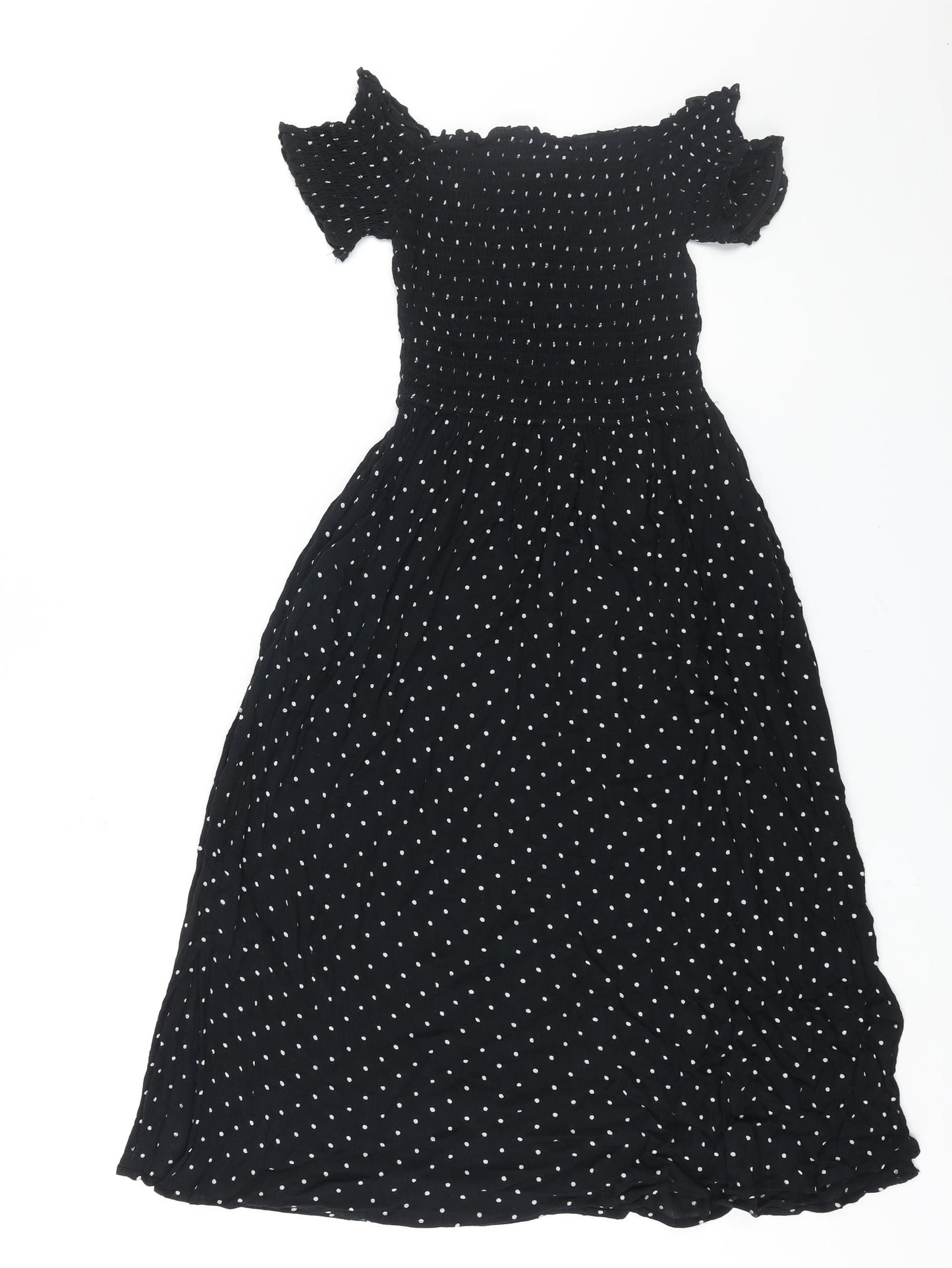 NEXT Womens Black Polka Dot Viscose Fit & Flare Size 8 Off the Shoulder Pullover - Rouched