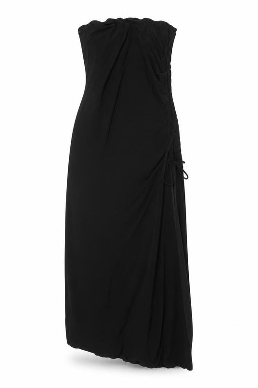 Front view of PRETTYLITTLETHING women’s black polyester slip dress, size UK 12, square neck pullover - drawstring detail