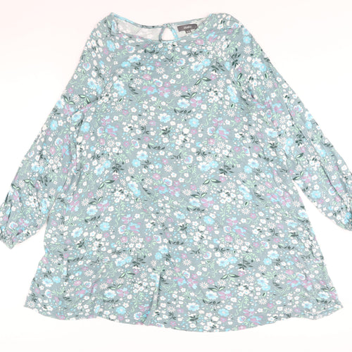 Studio Womens Blue Floral Viscose A-Line Size 16 Round Neck Button - Size 16-18