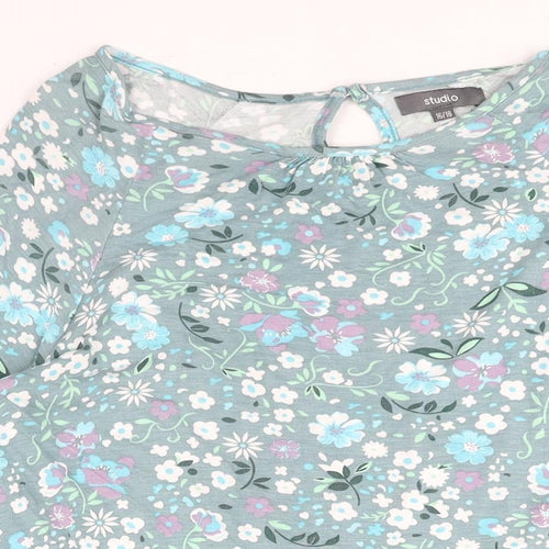 Studio Womens Blue Floral Viscose A-Line Size 16 Round Neck Button - Size 16-18